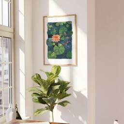 Lotus Pond Art Print Gouache Koi Illustration, Calming Botanical Wall - thumbnail 2
