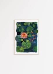 Lotus Pond Art Print Gouache Koi Illustration, Calming Botanical Wall - thumbnail 1
