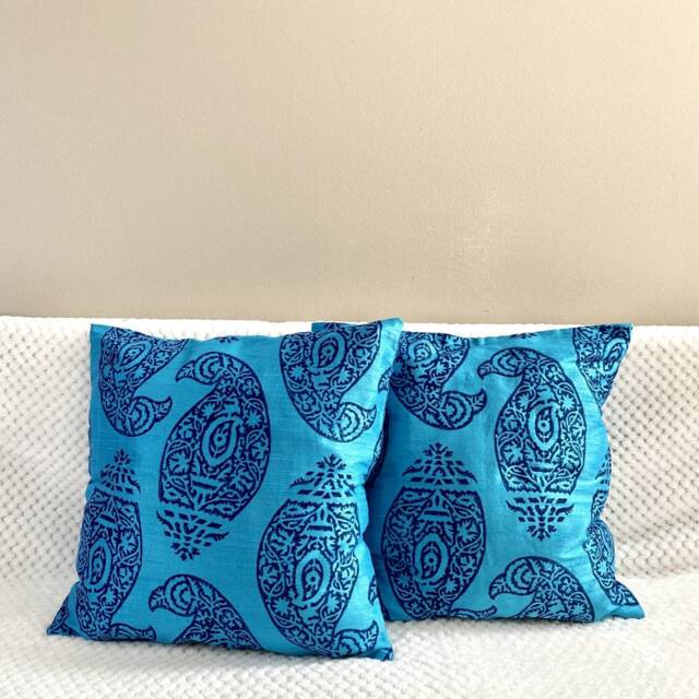 Silk Cushion/Pillow Cover .16 X 16 Inches.paisley Block Print.teal, Blue, Floral Motif, Toronto Canada.pillow Case, Accent Pillow, Floor Cushion - image 1