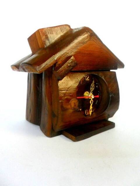 "Wooden Desk Clock House Shape Clock Natural Teak Wood Carving Hand Carved Home Art Decor Handmade Vintage Gift 8""x8""x6" - image 1