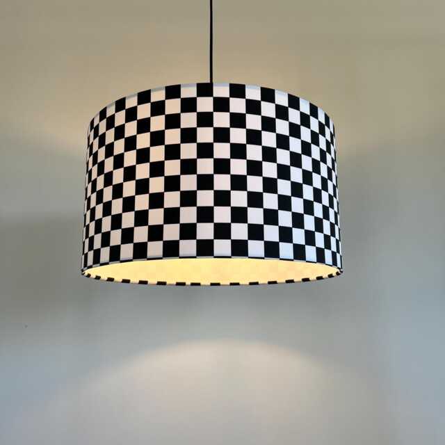 Checkerboard Cotton Drum Lampshade/ Ceiling Shade With A White Lining, Black & Checkered Print - image 1