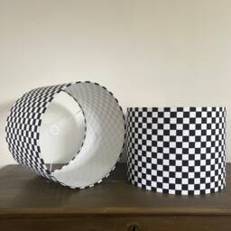 Checkerboard Cotton Drum Lampshade/ Ceiling Shade With A White Lining, Black & Checkered Print - thumbnail 3