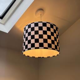 Checkerboard Cotton Drum Lampshade/ Ceiling Shade With A White Lining, Black & Checkered Print - thumbnail 2