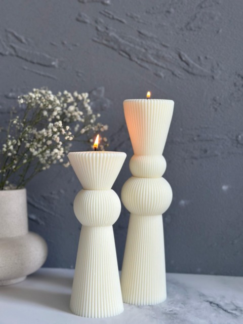 Ribbed Pillar Candle Tall Undyed Sculptural Soy Wax Candle - image 1
