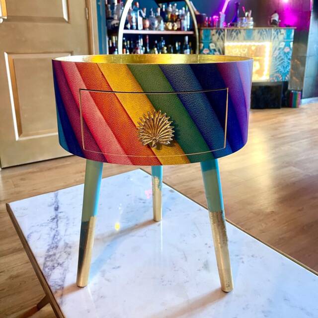 Rainbow Stripe Side Table, Kensington Multicoloured Round Table . Multicoloured Nightstand, Gold Leaf Bedside Table. Mint Green Legs - image 1