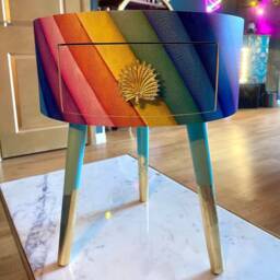 Rainbow Stripe Side Table, Kensington Multicoloured Round Table . Multicoloured Nightstand, Gold Leaf Bedside Table. Mint Green Legs - thumbnail 3