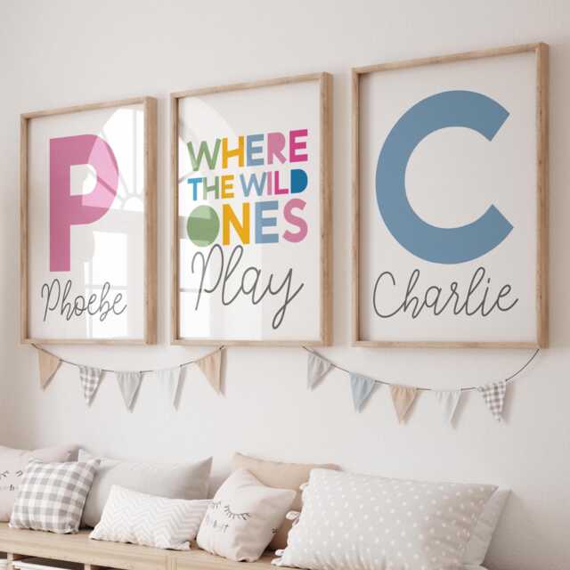 Set Of 3 Personalised Bedroom Prints, Where The Wild Ones Play, Brother Sister Sibling Wall Art, Shared Bedroom, Rainbow, Colourful - image 1