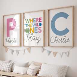 Set Of 3 Personalised Bedroom Prints, Where The Wild Ones Play, Brother Sister Sibling Wall Art, Shared Bedroom, Rainbow, Colourful - thumbnail 1