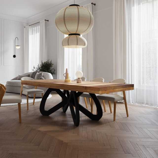 Grantham Butterfly Dining Table Rustic Solid Wood Industrial Straight Edge Steel Base - image 1