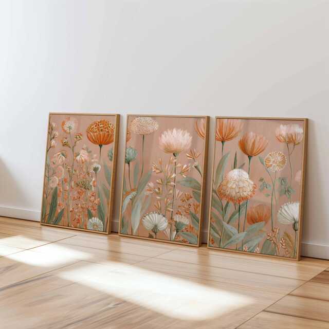 Neutral Floral Wall Art Prints Set Of 3, Modern Botanical Posters, Beige & Terracotta Flower Artwork For Living Room Or Bedroom Decor - image 1
