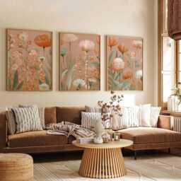 Neutral Floral Wall Art Prints Set Of 3, Modern Botanical Posters, Beige & Terracotta Flower Artwork For Living Room Or Bedroom Decor - thumbnail 3