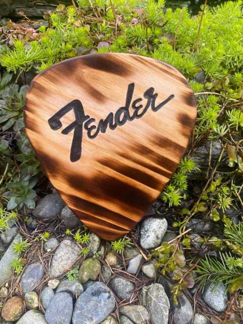 Handmade Fender Guitar Pick Wall Hanging Burnt Wood Music Decor - image 1