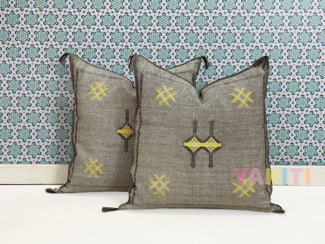 Yakiti-Grey Square Moroccan Pillows 20x20, Aka Cactus Silk Pillow, Decorative, Sabra Pillows, Outdoor Pillow, Durable & Weather Resistant - image 1