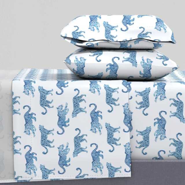 Exotic Animal Sheets - Leopard Parade Blue White By Danika_Herrick Jungle Safari Big Cats Cotton Sateen Sheet Set Bedding Spoonflower - image 1