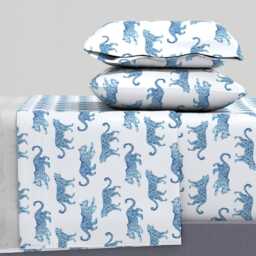 Exotic Animal Sheets - Leopard Parade Blue White By Danika_Herrick Jungle Safari Big Cats Cotton Sateen Sheet Set Bedding Spoonflower