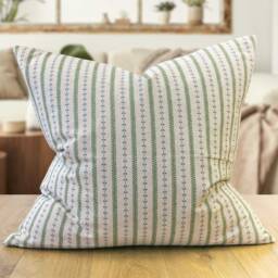 Cotswold Countryside Stripe Extra-Large Cushion. Cottagecore Green & Blue Floral Botanical Design. 23X23