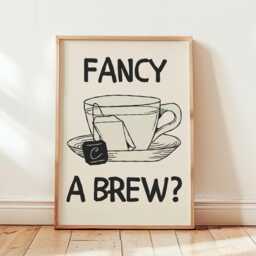 Fancy A Brew Coffee Kitchen Print, Black & White Art, Hand Drawn Print , Cool Poster, Gift For Lover - thumbnail 1