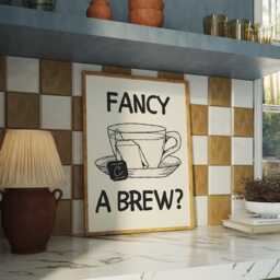 Fancy A Brew Coffee Kitchen Print, Black & White Art, Hand Drawn Print , Cool Poster, Gift For Lover - thumbnail 2