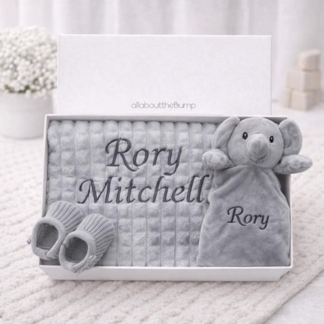 Personalised Embroidered Blanket, Comforter & Booties Gift Set - Grey Unisex Baby Hamper Name Keepsake - image 1