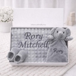 Personalised Embroidered Blanket, Comforter & Booties Gift Set - Grey Unisex Baby Hamper Name Keepsake - thumbnail 1