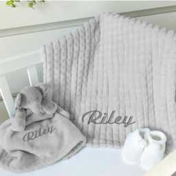 Personalised Embroidered Blanket, Comforter & Booties Gift Set - Grey Unisex Baby Hamper Name Keepsake - thumbnail 2