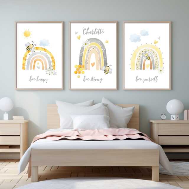 Set Of 3 Bee Nursery Prints, Personalised Rainbow Wall Art, Happy Strong Yourself - image 1