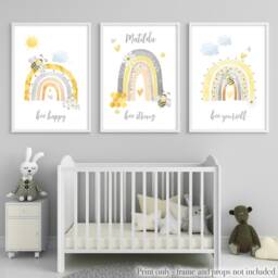 Set Of 3 Bee Nursery Prints, Personalised Rainbow Wall Art, Happy Strong Yourself - thumbnail 3