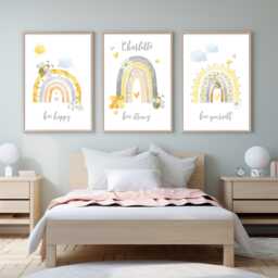 Set Of 3 Bee Nursery Prints, Personalised Rainbow Wall Art, Happy Strong Yourself - thumbnail 1
