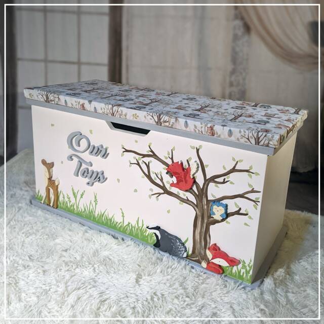 Woodland Personalised Toy Box - Storage With Cushion Seat Extra Large Toybox Animal Chest