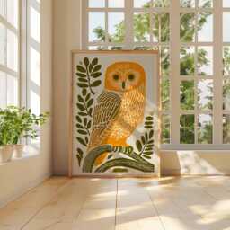 Orange Owl Wall Art, Woodland Animal Poster, Mid Century Folk Art Print, Linocut Style Bird Decor, Nature Illustration - thumbnail 3