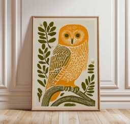 Orange Owl Wall Art, Woodland Animal Poster, Mid Century Folk Art Print, Linocut Style Bird Decor, Nature Illustration - thumbnail 1