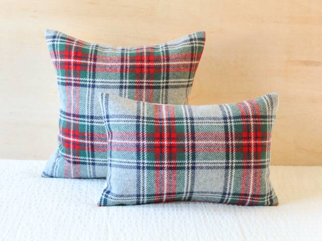 Red & Green Stewart Plaid Wool Pillow Cover, Gray Cover - Ready To Ship - image 1