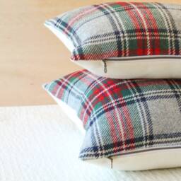 Red & Green Stewart Plaid Wool Pillow Cover, Gray Cover - Ready To Ship - thumbnail 4
