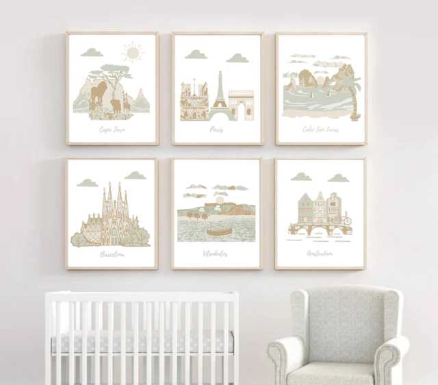Travel Theme Nursery Art Prints Beige, Tan, Sage Green - image 1