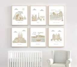 Travel Theme Nursery Art Prints Beige, Tan, Sage Green - thumbnail 1