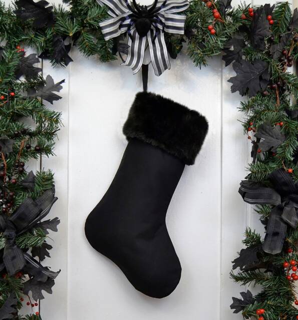 Handmade Plain All Black Christmas Stocking With Faux Fur - image 1
