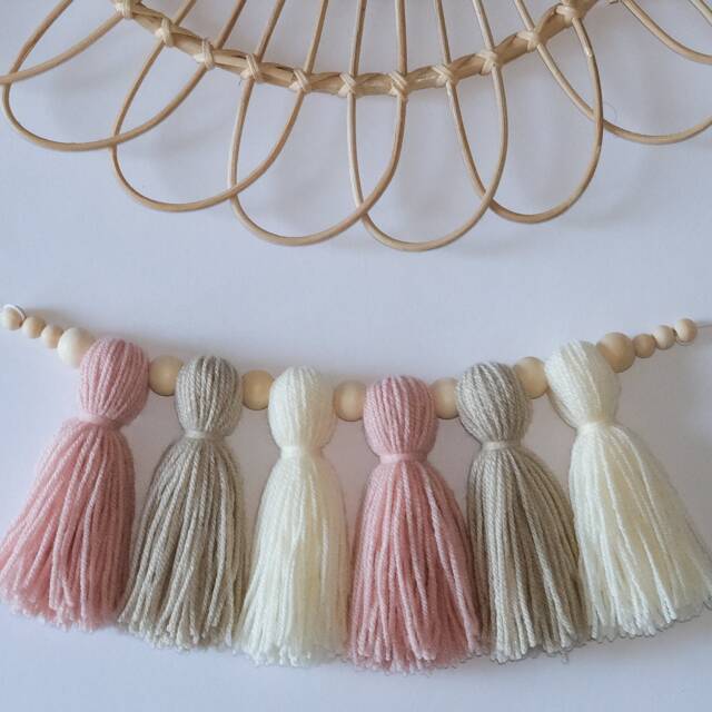 Tassel Garland - Custom Nursery Decor Bunting Wall Hanging Boho Yarn Pink Shelf - image 1