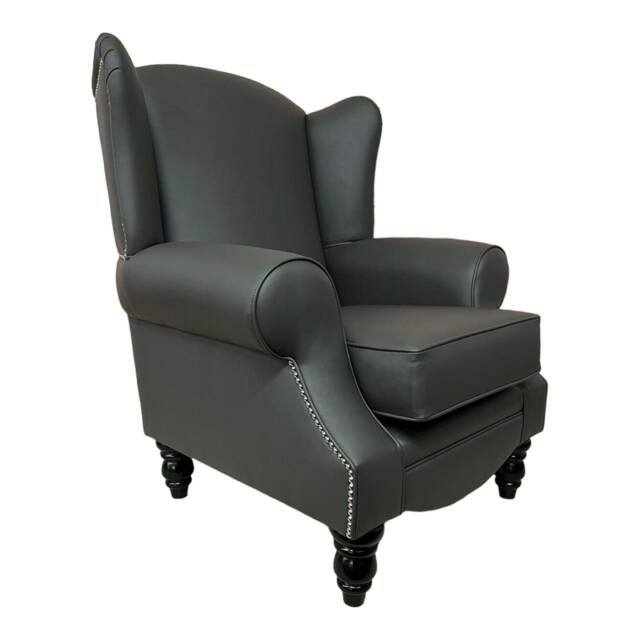 Queen Anne Wingback Chair Grey Faux Leather Fireside Accent Chair - image 1