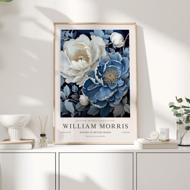 William Morris Print, Art, Exhibition Poster, Botanical Gifts, Peony Decor, Wall Blue - image 1