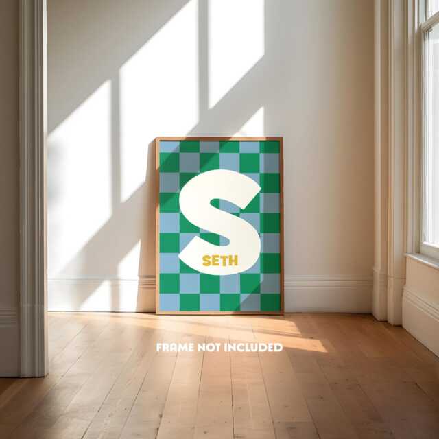 Personalised Name Print, Checkerboard, Cool Kids Boys Prints, Bedroom, Retro Nursery, Teen Colourful Decor - image 1
