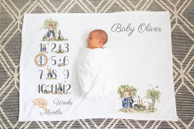 Personalised Blue Bunny Baby Milestone Blanket Flannel Nursery Decor - image 1