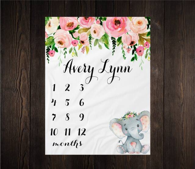 Girl Milestone Blanket Month Growth Tracker Minky Fleece Custom Personalized Baby Shower Gift Watercolor Floral Elephant Safari - image 1