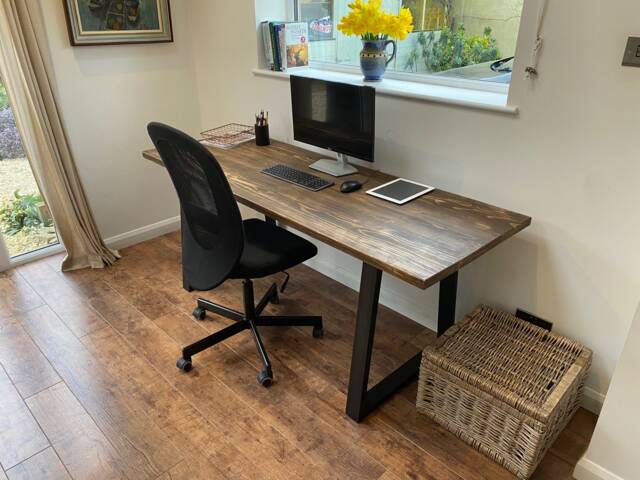 Desk Home Office Study Solid Wood Steel Legs Pc Gaming Table Writing Oak Finish - image 1