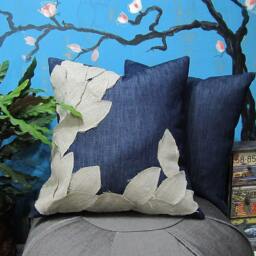 Handmade Linen Leaves Denim Pillow Cover Bohemian Home Decor - thumbnail 2