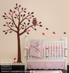 Children Wall Decal Owl Tree, Tree & Cute Birds For Nursery Baby Room Sticker Art Decor - thumbnail 1