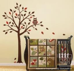 Children Wall Decal Owl Tree, Tree & Cute Birds For Nursery Baby Room Sticker Art Decor - thumbnail 2