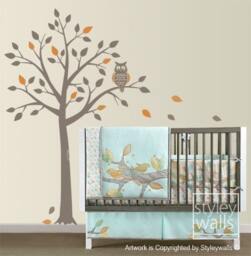 Children Wall Decal Owl Tree, Tree & Cute Birds For Nursery Baby Room Sticker Art Decor - thumbnail 3