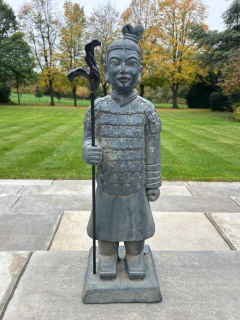 Standing Warrior With Spear Resin Terracotta Effect Grey Garden Statue Ornament - image 1