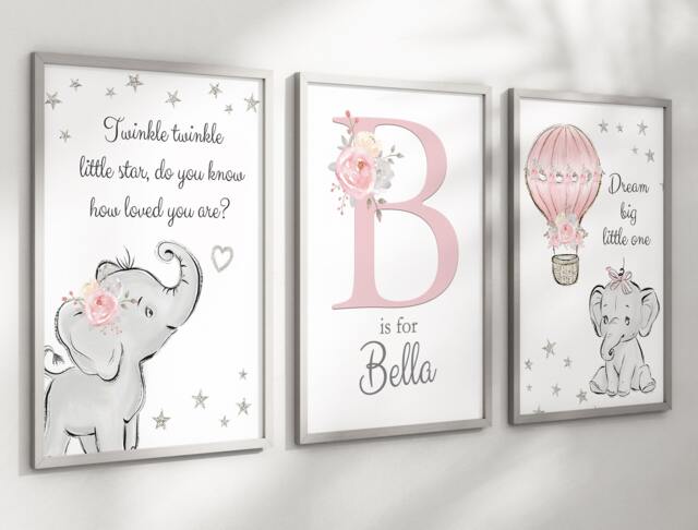 Baby Elephant Boys Personalised A4 Or A3 Nursery Set Of Unframed Prints Pink Animal Cloud Stars Balloon Dream Big Twinkle - image 1