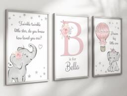 Baby Elephant Boys Personalised A4 Or A3 Nursery Set Of Unframed Prints Pink Animal Cloud Stars Balloon Dream Big Twinkle - thumbnail 1